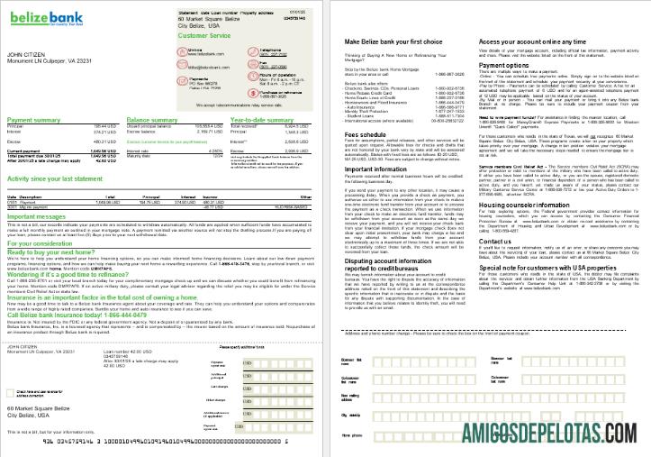 Extrato de hipoteca do USA Belize Bank em formatos Word e PDF, 2 páginas baixar para verificação